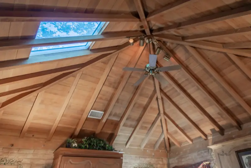 The vaulted ceiling and skylight in the Inn at The Enchanted Manor