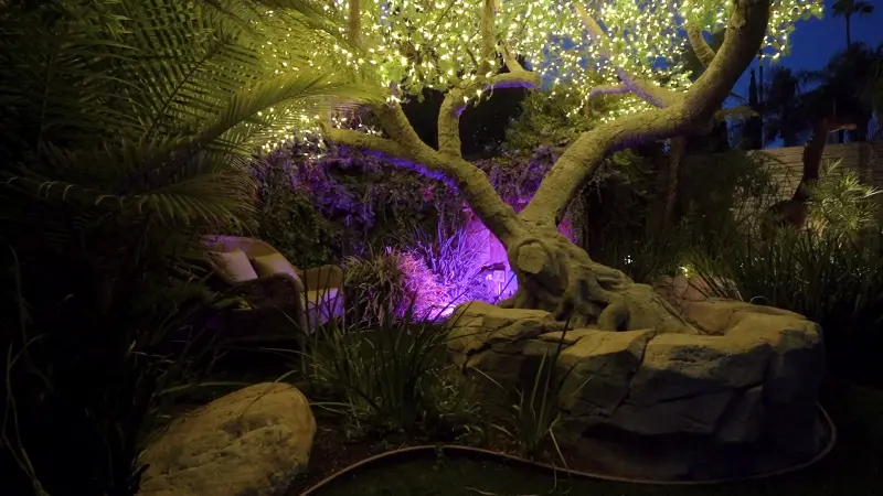The fairy-lit tree glowing above the violet-lit rocks at The Enchanted Manor